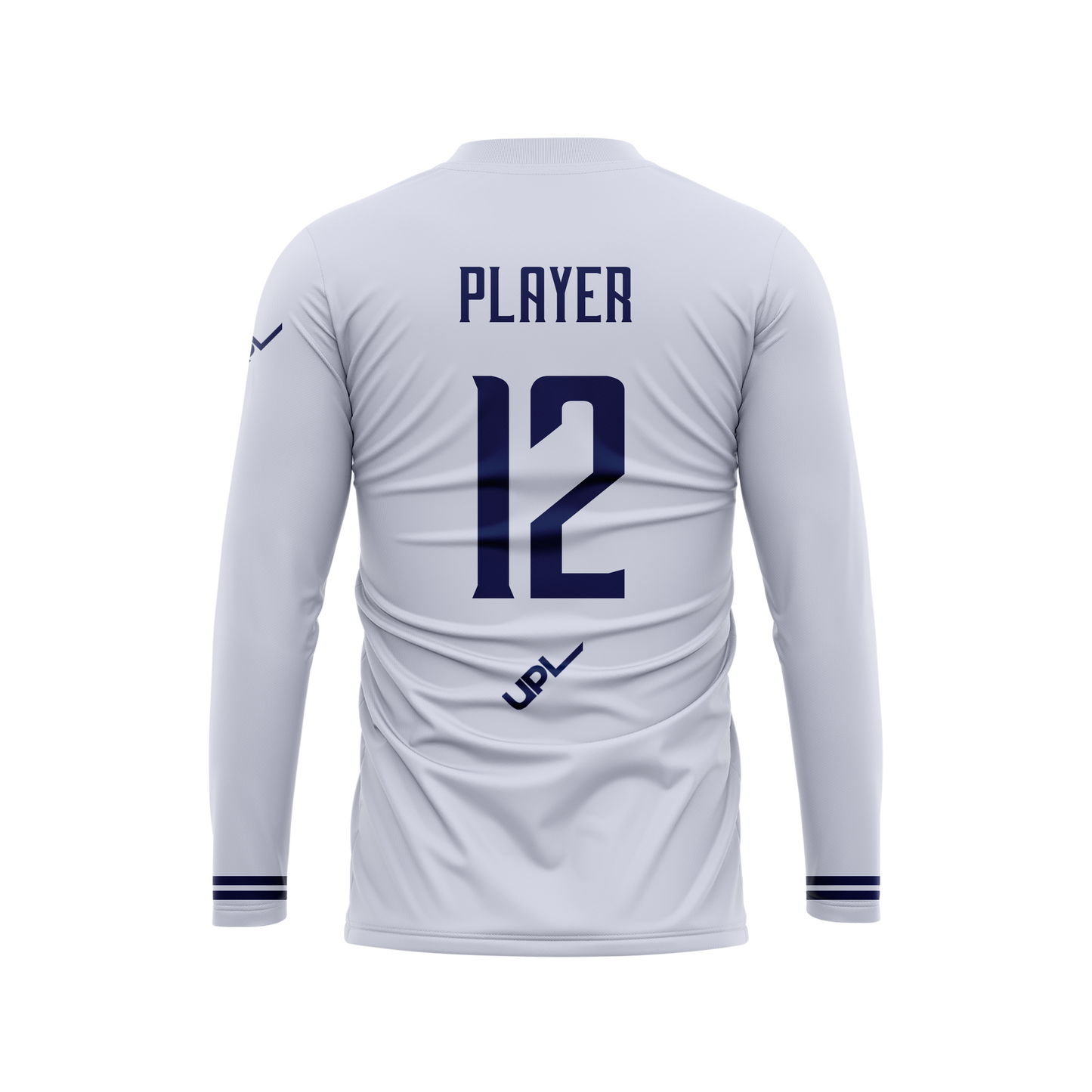 White long-sleeve sports jersey with 'PLAYER' and number '12'