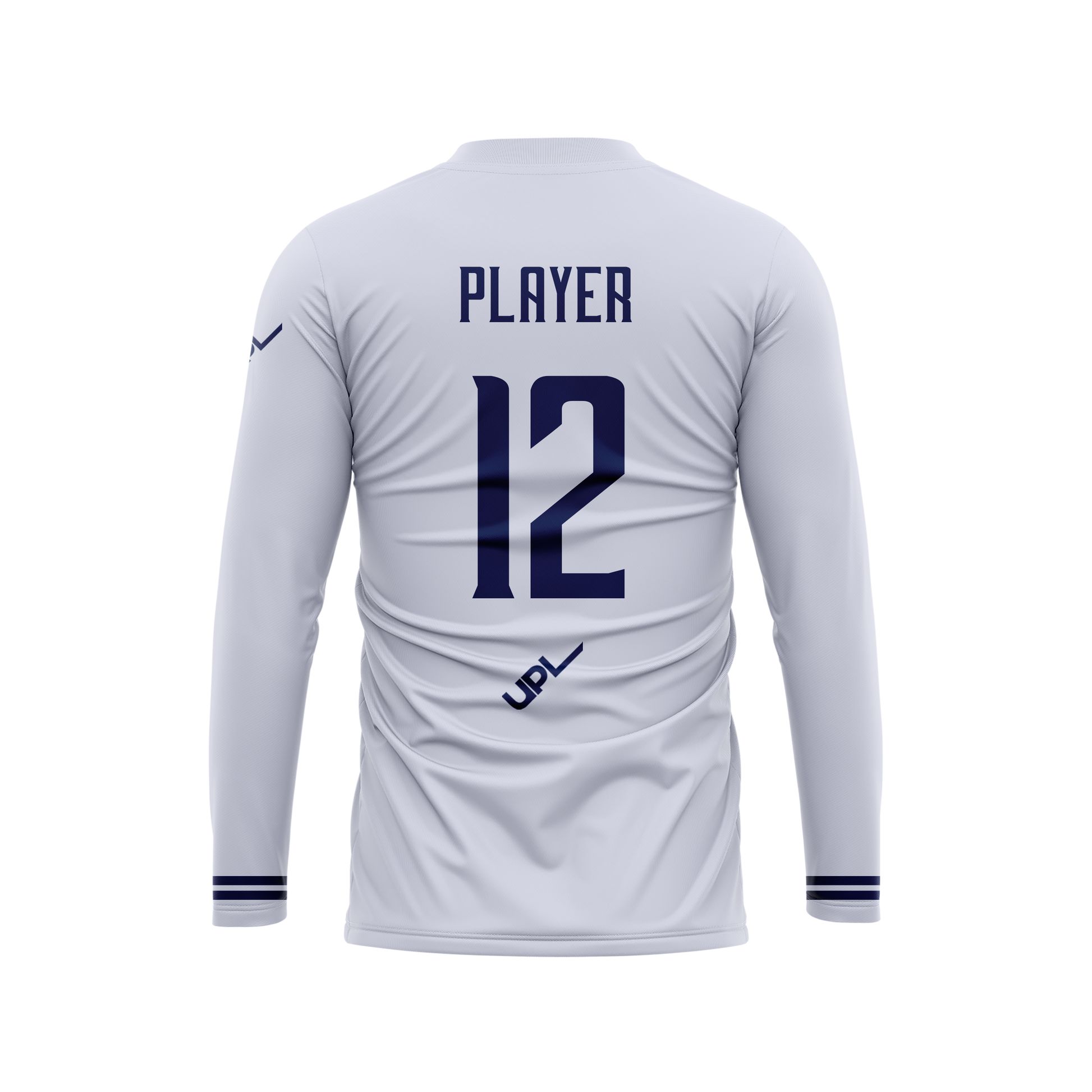 White long-sleeve sports jersey with 'PLAYER' and number '12'