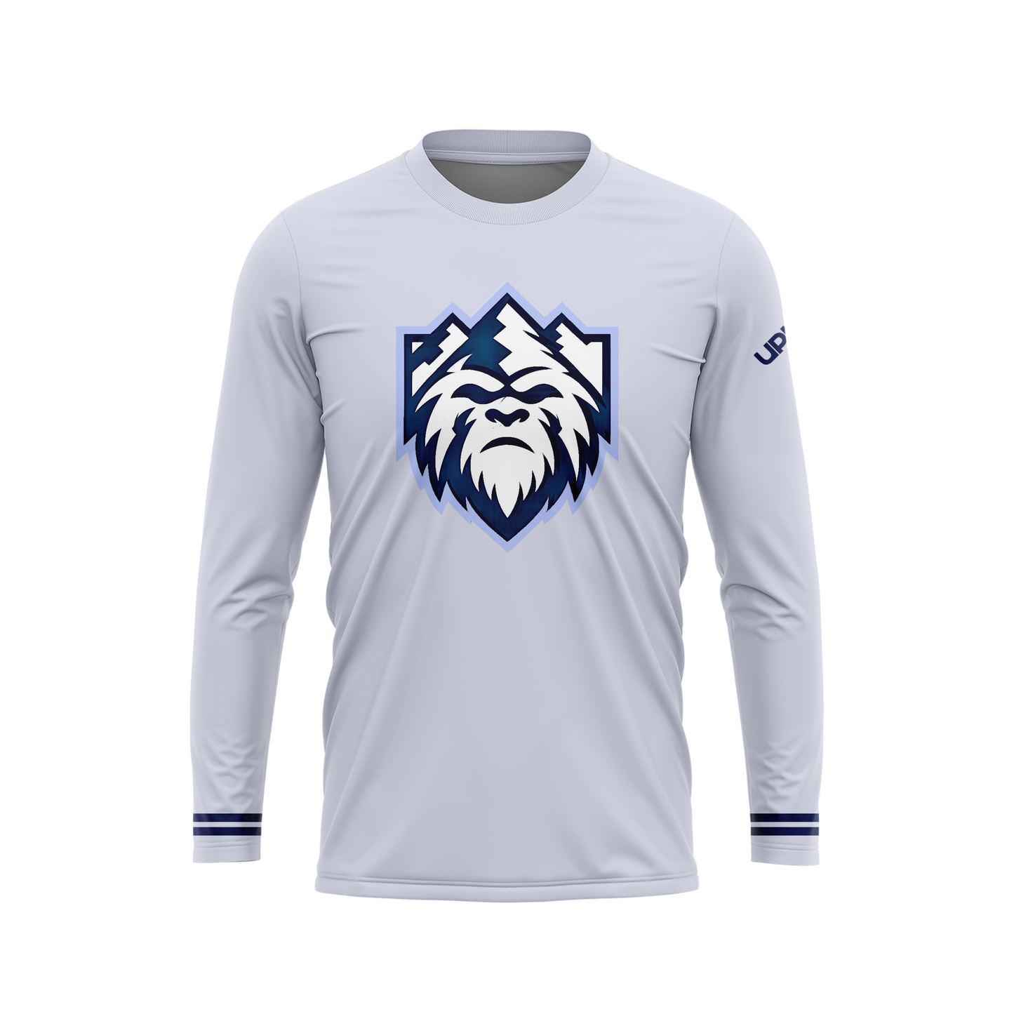 White long-sleeve shirt with a logo on a white background