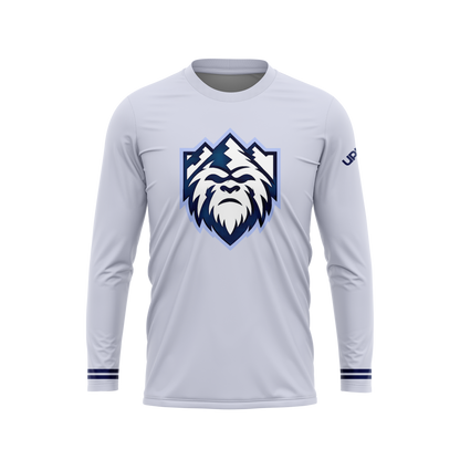 White long-sleeve shirt with a logo on a white background